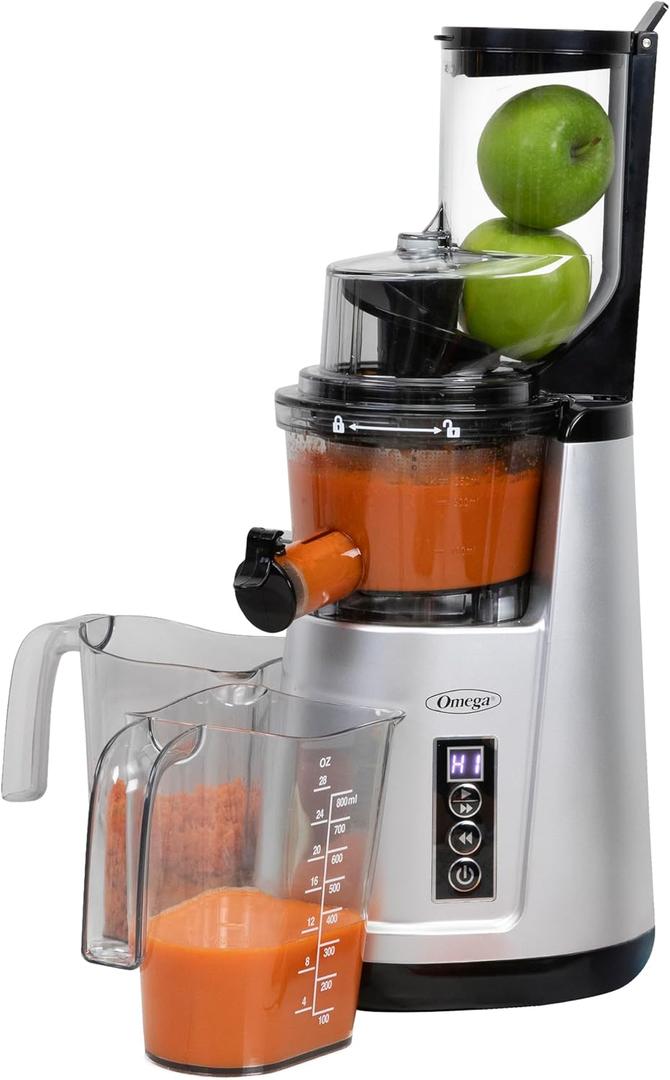Omega Wide Mouth Juicer Compact Vertical Cold Press Vegetable and Fruit Juice Extractor with 3-Inch Hopper 2-Speed Slow Juicing with Space Saving Design, 120-Watts, Black