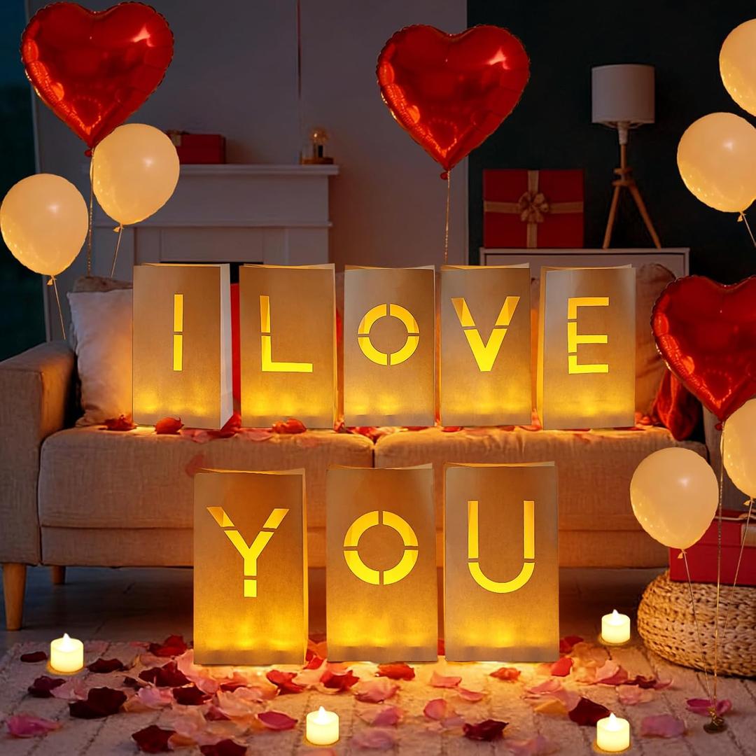 I Love You Light Up Letters, Luminary Paper Bags with LED Tea Lights Rose Petals Latex Heart Balloons for Her Valentines' Day Anniversary Wedding Proposal Decorations