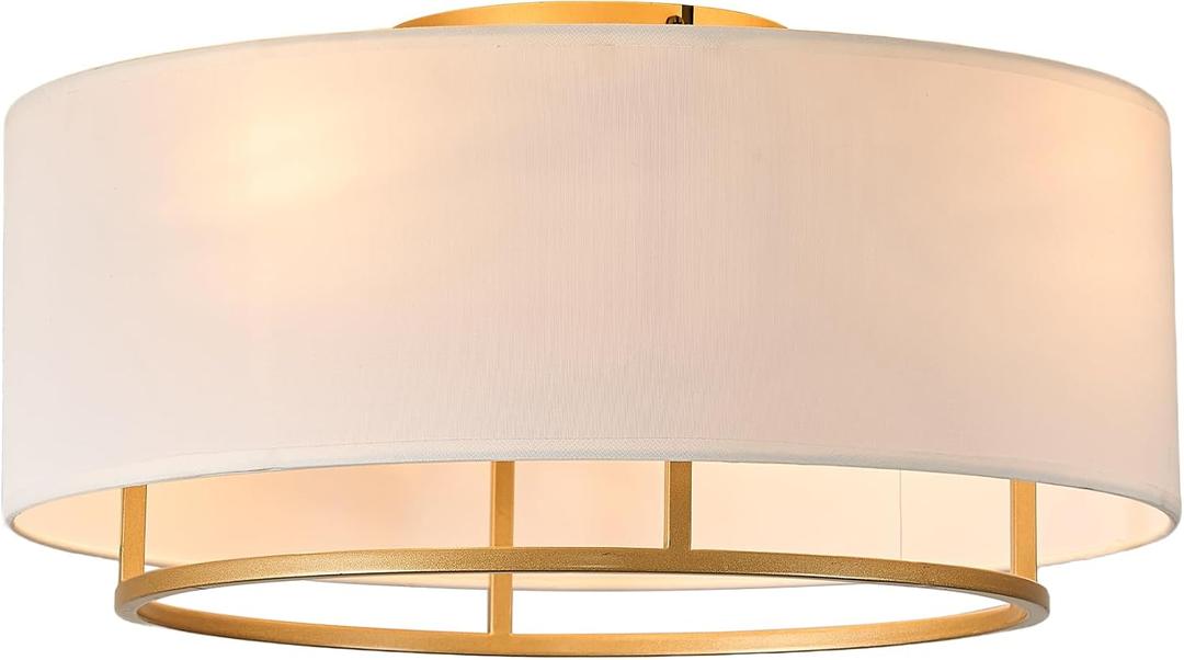20" Golden Boho Caged Linen Low Profile Ceiling Fan with Remote, 6 Speeds