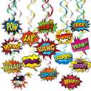 Superhero Hanging Swirls 30 Pack Hero Action Sign Foil Ceiling Hanging Swirls Streams Banner Decor Garland for Kids Superhero Baby Shower Celebrating Events Birthday Party Supplies Room Wall Decor