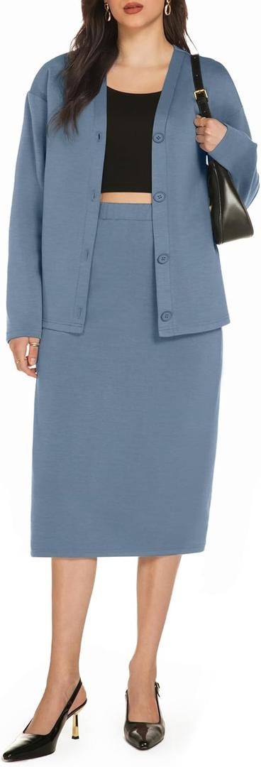 Casly Lamiit Women's 2 Piece Midi Skirt Sets Business Casual Outfits Long Sleeve Cardigan Matching Dressy Suits (S)