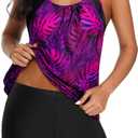 Yonique Tankini Swimsuits for Women Athletic Swim Tank Top with Boy Shorts Two Piece Tummy Control Bathing Suits (X-Large, Purple Leaf)