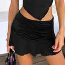 Women Ruched Ruffle Short Skirt High Waisted Stretch Pleated Tennis E-Girls 90s A-Line Mini Skirt (Black, L)