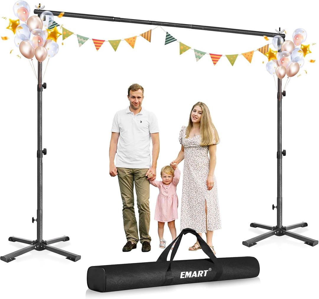 EMART Portable Backdrop Stand Kit with Foldable Cross Flat Base, Adjustable 8.5ft Height 10ft Width Pipe and Drape Background Hanging Frame Bar for Photography Party Wedding Birthday Photo Studio
