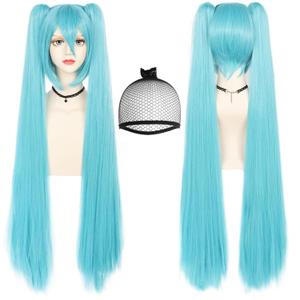 ANOGOL Hair Cap+ 120CM Blue Ponytail Wig Cosplay Lolita Wigs with Double Ponytails Long Straight Blue Cosplay Wigs Synthetic Hair Party for Anime Costume Halloween Outfit