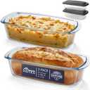 HOTEC 2-Pack LARGE 7.6 Cups/1800 ML/1.9 Qt Glass Loaf Pan, Microwave and Oven Safe - Loaf Pans For Food Storage Container, Bakeware for Bread, Lasagna, Potatoes, Meal Prep, Airtight Lid