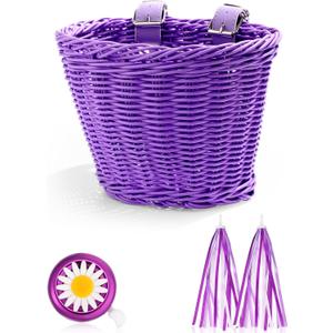 Hestya Kids Bike Basket Set, Wicker Basket, Handlebar Bicycle for Girls Colorful Streamers Daisy Bell Decoration for First of School Back to School Gift (Purple)