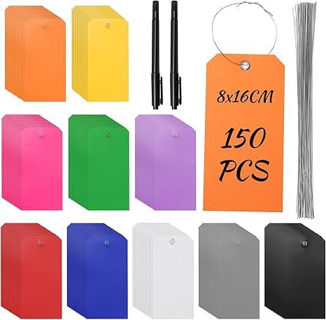 Rustark 152Pcs 10 Colors Plastic Shipping Tags with Pens 3.15"x6.3"/8x16CM Plastic Hang Tags Waterproof Shipping Tag Writable Blank Hang Tag with Holes for Luggage Garage Inventory Car Parts