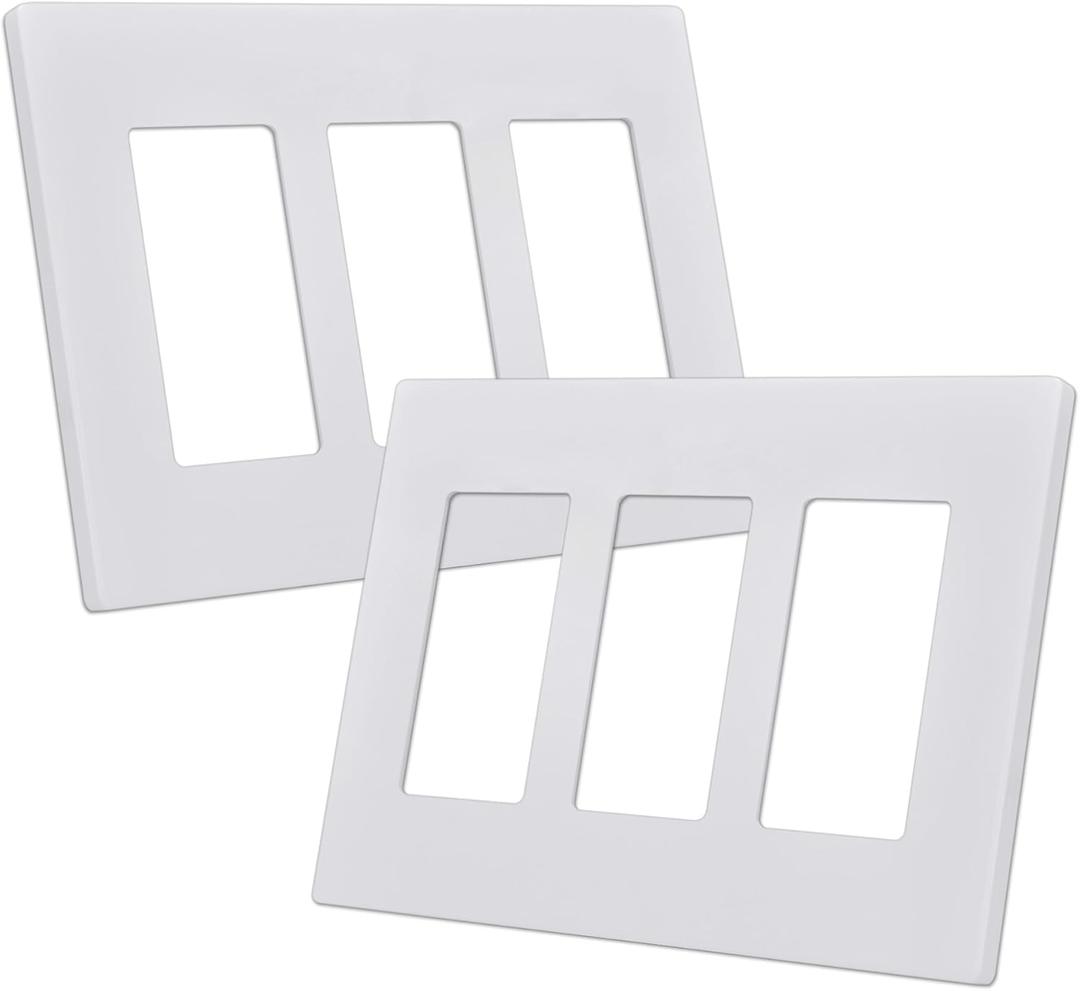 CML 3-Gang Screwless Decorator Wall Plate, 2 Pack Light Switch Covers, Outlet Receptacle Cover, Hidden Screw Smooth Face, Impact Resistant, Standard Size 4.68X 6.54, Glossy White
