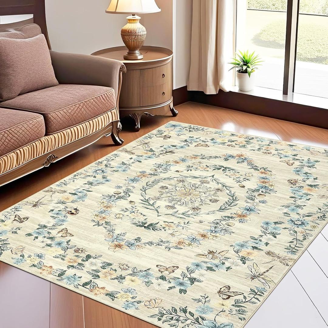 GarveeHome Washable Rugs 5x7 for Bedroom Modern Floral Area Rug Large Living Room Rug with Rubber Backing Non Slip Non Shedding Low Pile Folding Floor Cover for Dining Room Nursery EntryBeige