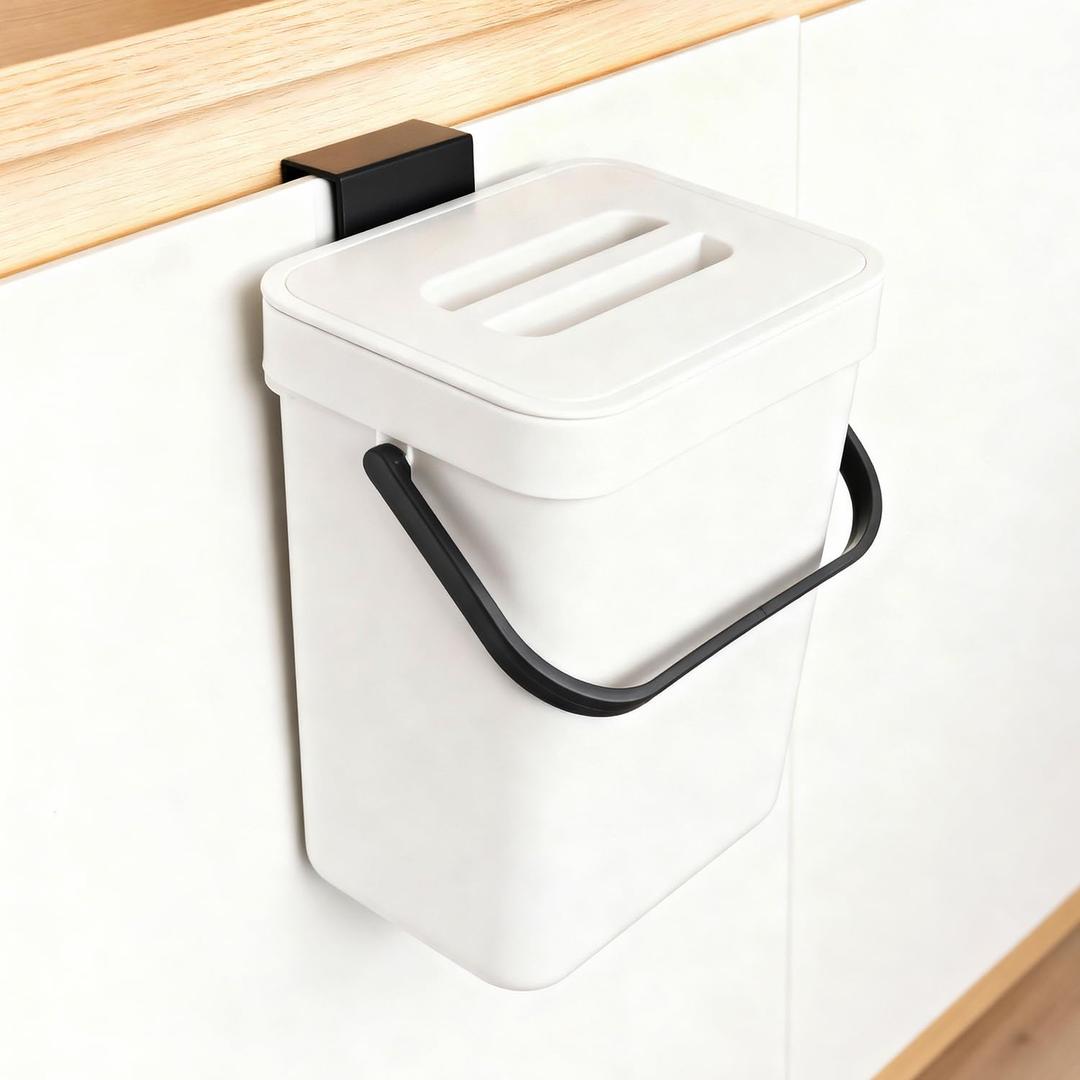 Kitchen Waste Bin with Hooks, Indoor Kitchen Sealed Under Sink for Kitchen, Food Waste Bin for Countertop (White, 5L)
