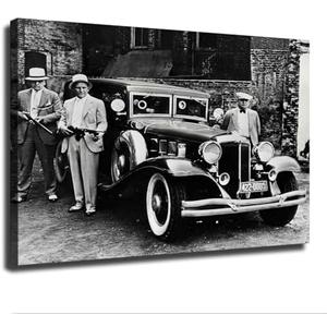 Gangster Wall Art Machine Gun Car Old Photo Black and White Retro Poster Canvas Print Inspirational Wall Decor Home Decor Art Aesthetic Hanging Painting (08×12inch_Framed)