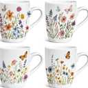 Potchen 4 Pcs Spring Wildflower Coffee Cups 12oz Floral Mugs Set Ceramic Cups with Handle Wildflower Butterfly Printed Drinkware for Tea Spring Summer Gift for Women Family Friends Coffee Lover