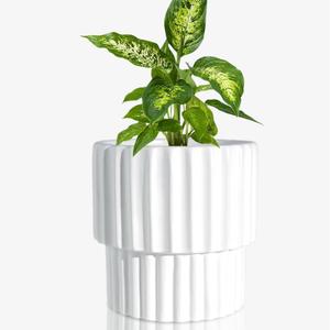 6 Inch White Fluted Planter with Drainage - Ribbed Ceramic Pot for Indoor Plants, Flowers - Home & Office Decor