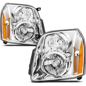Headlights Assembly for 2007-2014 GMC Yukon SLE SLT Denali Yukon XL 1500 2500,Headlamp Assembly DENALI Style Chrome+Amber Halogen OE Replacement, RK-HL-YK031