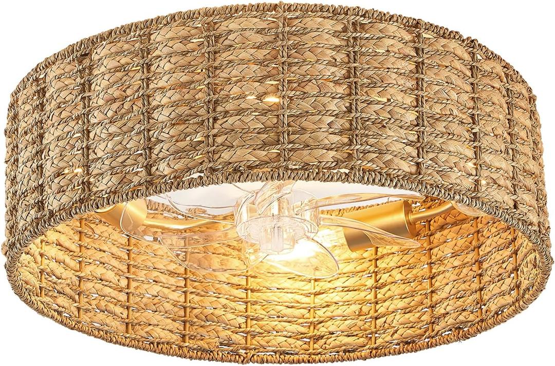 Boho Ceiling Fans with Lights Enclosed Rattan Fandelier with Lights and Remote Low Profile Flush Mount Wicker Caged Ceiling Fan for Bedroom, Kitchen, Living Room