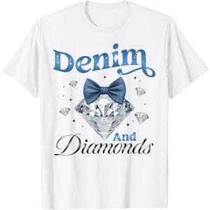 Denim and Diamonds Bow Ladies Girls Women TShirt, XS