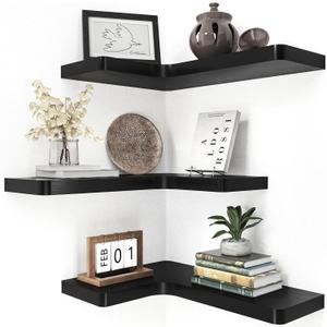 fuqing Corner Floating Shelves for Storage, Set of 3, Solid Wood, Wall Mount Wooden Display Shelf for Bathroom Bedroom Kitchen Garage, Black (Invisible Bracket, Black)
