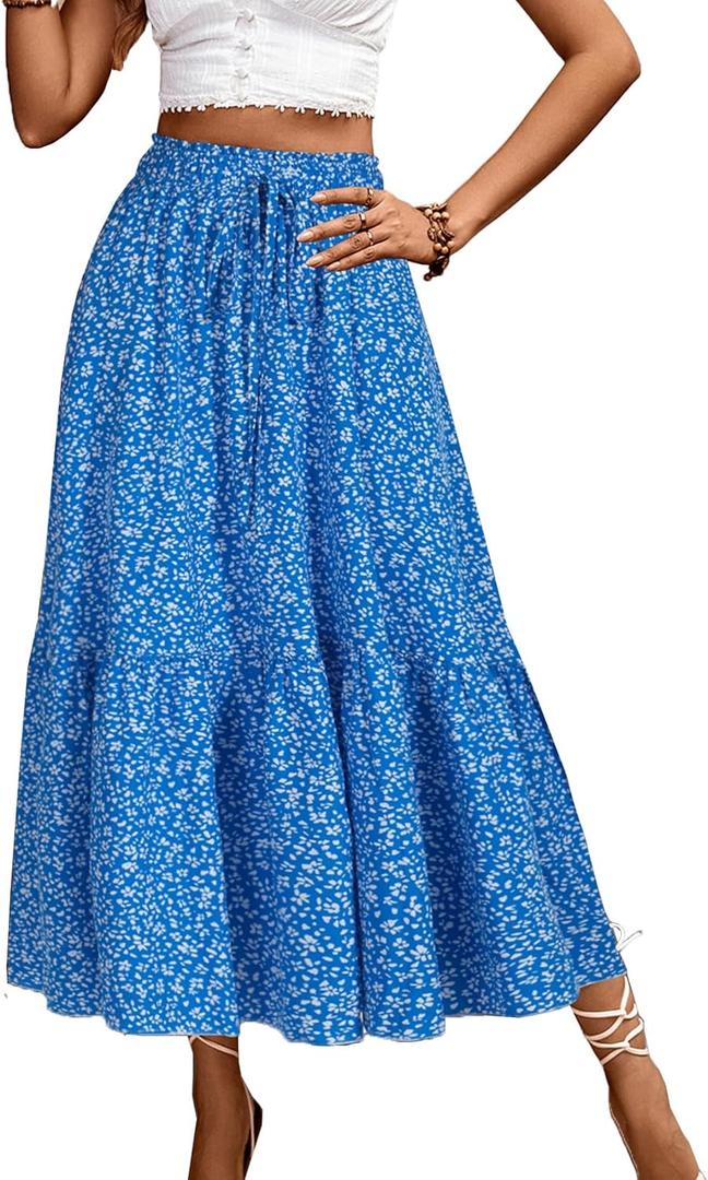 Long Skirts for Women High Elastic Waist Skirt Casual Summer Fake Drawstring Floral Pleated A Line Boho Cute Skirts 8627 (Medium, Blue Dot)