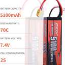 SUNPADOW 2S 7.4V Lipo Battery 5100mAh 70C Hard Case with XT60 Connector Rechargeable for RC Vehicles Car Truck Tank Buggy Truggy Racing Hobby