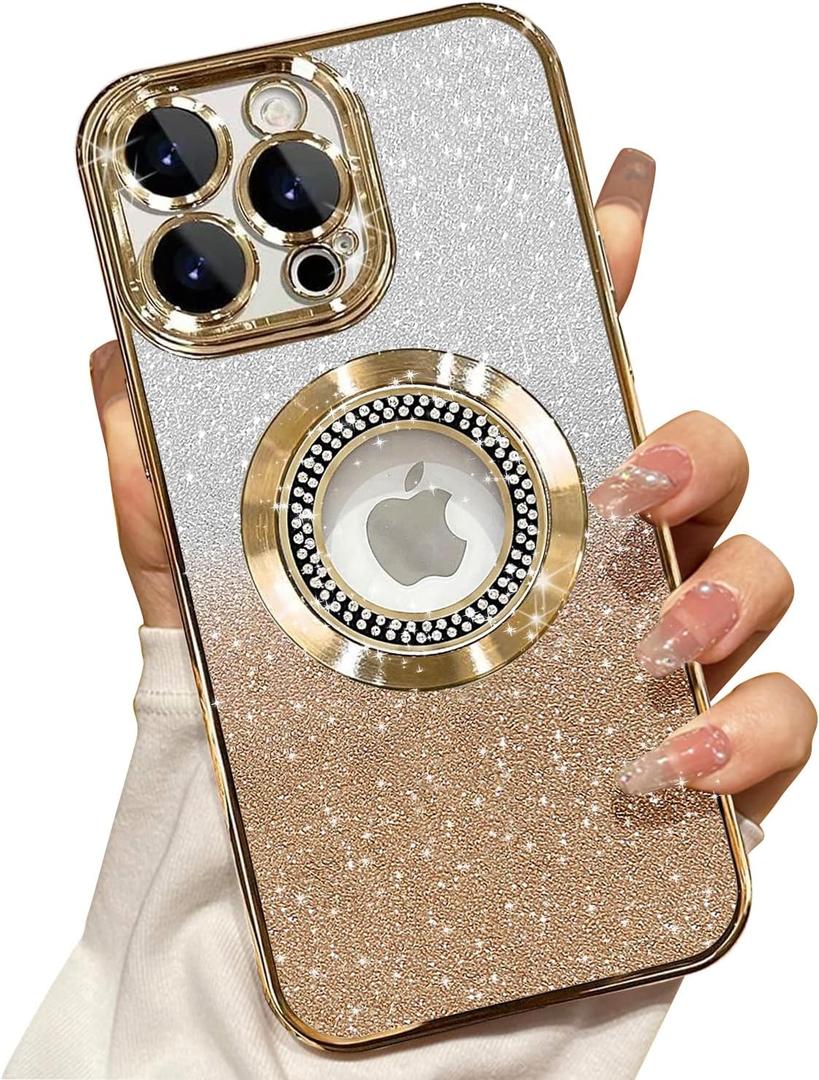 Misscase for iPhone 15 Pro Max Magnetic Glitter Case Compatible with MagSafe,Full Protection Slim Shockproof Anti-Scratch Case with Camera Lens Protector Logo View Dust-Proof Net for Women Gold