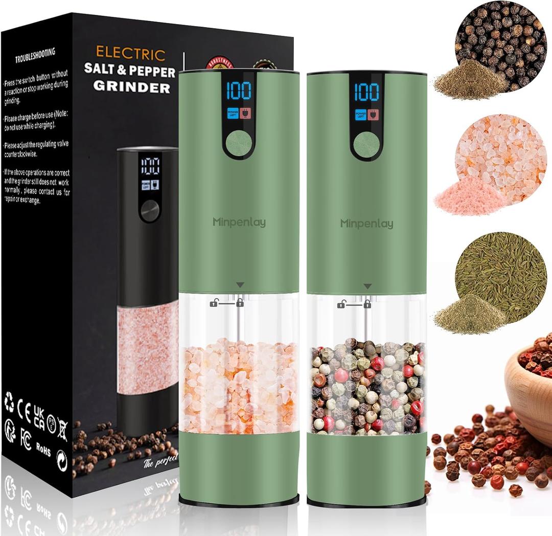 Electric Salt and Pepper Grinder Set Rechargeable with LED Display, Adjustable Coarseness, 120ml Container Automatic Pepper and Salt Grinder for Kitchen, Restaurant (Rubber Surface - Green)