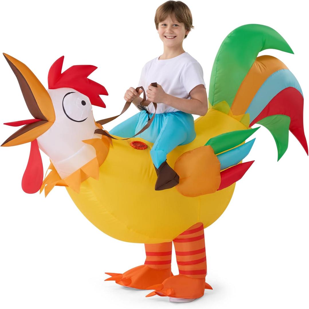 Spooktacular Creations Kids Chicken Inflatable Costume, Riding an Rooster Halloween Ride-on Chicken Costumes, Funny Blow Up Inflatable Suit for Halloween Dress Up Parties Multicolor
