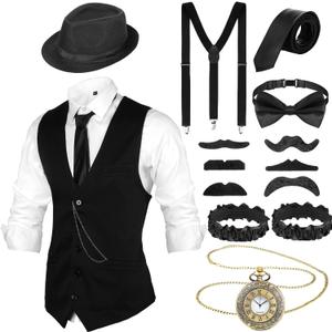 1920s Men's Accessories Gatsby Gangster Clothing Costume Halloween Cosplay Outfit with Vest Fedora Hat Pocket Watch Suspenders Tie for Man Halloween Cosplay (Medium)