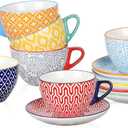 Selamica Ceramic 8 oz Cappuccino Cup Set with Saucers, Espresso Coffee Cups, Latte Macchiato for Party Cafe Home, Set of 6, Assorted Colors