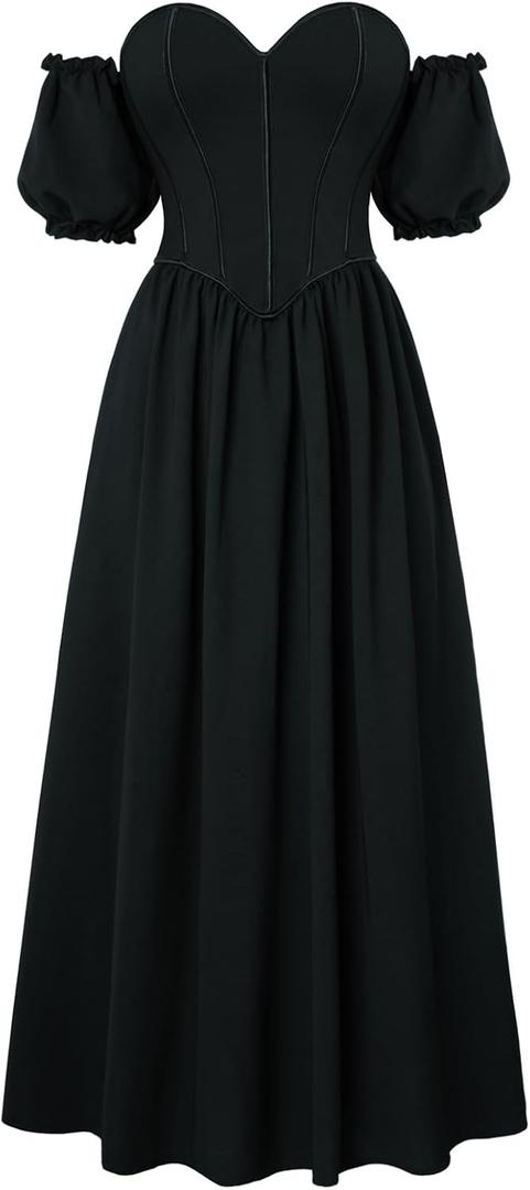 Scarlet Darkness Women Off Shoulder Corset Dress Sweetheart Fishboned Puff Sleeve Renaissance Dress (Black, M)