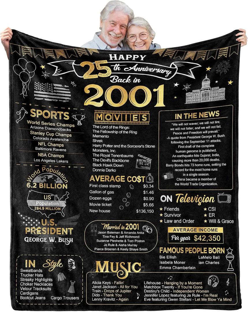 25th Anniversary Blanket Gifts Gift for 25th Silver Wedding Anniversary 25 Years of Marriage Gifts for Couple Wife Husband Dad Mom Parents Back in 2001 Throw Blanket 60Lx50W Inch