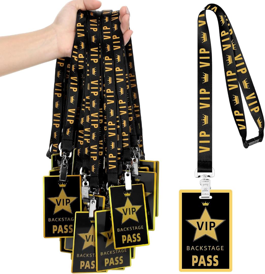 PerKoop 36 Sets VIP Lanyards with PVC Pass Cards Black Breakaway Badge Lanyards for Backstage Music Concert TV Movie Night Award Sport Event Birthday VIP Party Decorations