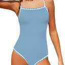 WIQI Girls Swimsuit One Piece Bathing Suit Color Contrast Trim Girls' Swimwear with Cover Up Skirt Size 9-16 (11-12 Years, Grey Blue)