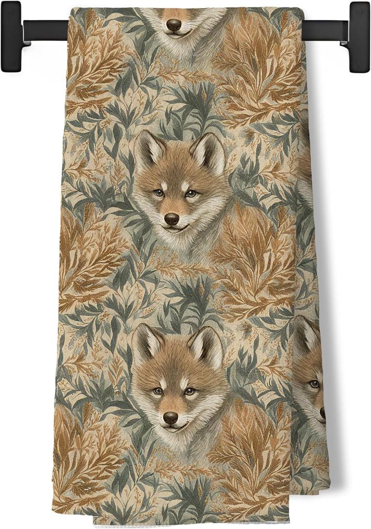 BUJSP Rustic Floral Fox Kitchen Dish Tea Towels,Cottagecore Botanical Fox Decorative Hand Towels for Bathroom Kitchen, 16x24 Inch (Color-5)