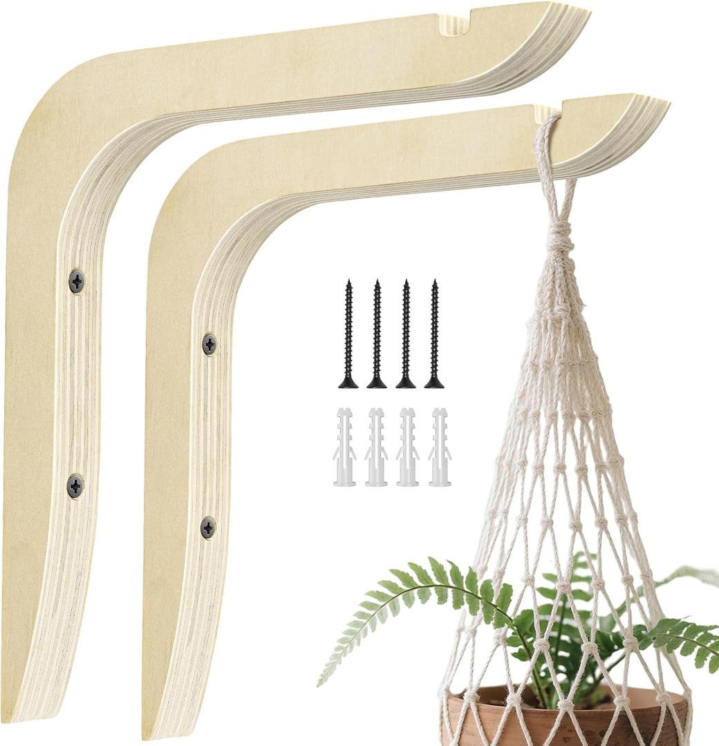 Wooden Plants Hanger, Plant Hangers Indoor Wall Mount, 8.58-Inch Hanging Plant Hooks For Wall, Basket Hooks for Lanterns, Flower Bracket, Wind Chimes, Lamp, Bird Feeders, Patio Decor(wood color 2PCS)