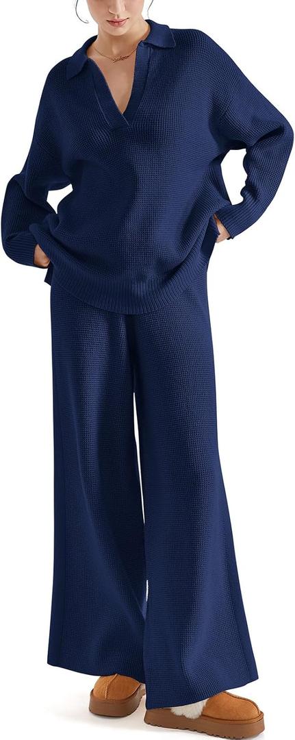 SUUKSESS Women 2 piece Fall outfits Matching Lounge Set Waffle Knit Sweater sets (X-Small, Navy Blue)