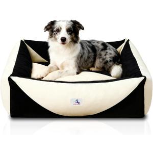 Washable Rectangle Dog Bed with Removable Cover, Color-Block Gingham Cotton Pet Sofa, Breathable Scratch Resistant Dog Bed, Medium (Black+White)