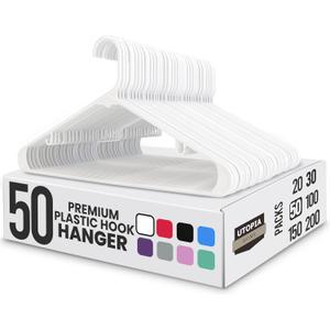Utopia Home Plastic Hangers 50 Pack - Space Saving Clothes Hanger - Durable & Strong Closet Organizers and Storage with Built-in Strap Hooks - Essential for Shirts, Pants, Skirts & Coats (White)