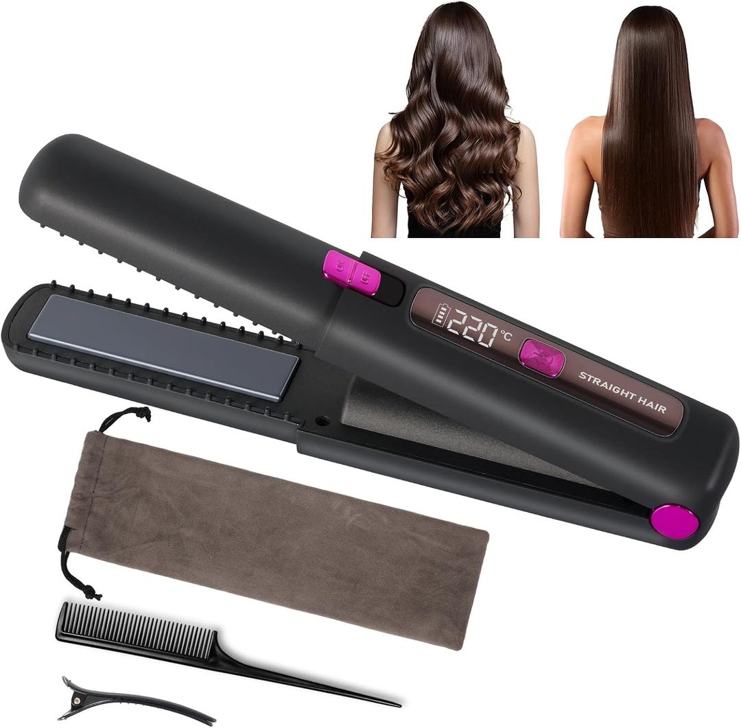 Cordless Hair Straightener, Nsyee 2 in 1 Ceramic Coated Flat Iron and Curler with 6 Temperature Settings, LCD Display, 4500mAh USB Rechargeable, Portable Mini Curling Iron for All Types Hair, Black