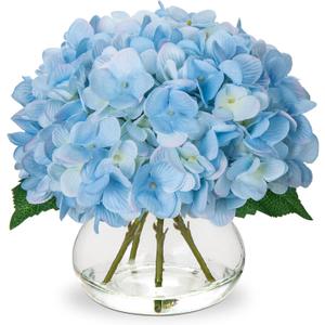 Hollyone Hydrangea Artificial Flowers with Vase Blue Silk Fake Flowers Arrangements in Glass Vase with Faux Water Faux Floral Bulk Bouquet for Home Decor Bathroom Table Centerpiece Shelf Decorations