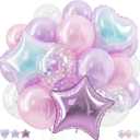 Pink and Purple Balloons, Pastel Pale Pink Light Purple Lilac Transparent Star Latex Balloon With Iridescent Heart Lavender Star Foil Balloons for Kpop Birthday Party Baby Shower Princess Decorations