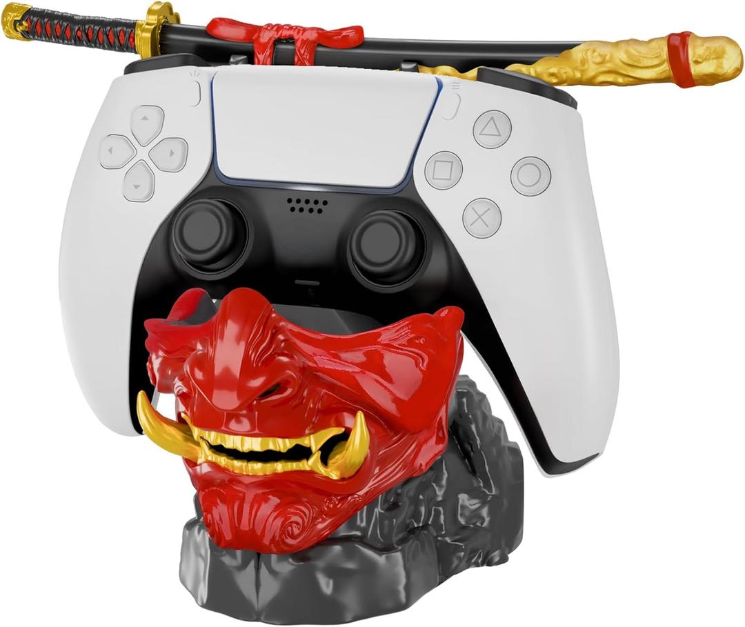 NiHome Samurai Warrior Mask Gaming Controller Holder Stand for PS5 Xbox Switch & Headsets, Handcrafted Resin Sculpture Desktop Display Organizer for Gamers, Multi-Device Charging Dock for Smartphones