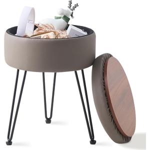 Wimarsbon Round Storage Ottoman Foot Stool Modern Faux Leather Vanity Stool with Solid Wood Frame&Metal Legs,Compact Footstool Dressing Stool Footrest for Living Room Bedroom or Entryway (Grey)