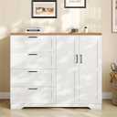 GarveeHome Multifunctional Wooden Dresser for Bedroom, 43.3 in H 2 Door Wardrobe Armoire Closet with 4 Drawers and Hanging Rod, Low Storage Cabinet for Hanging Cloth, White and Brown