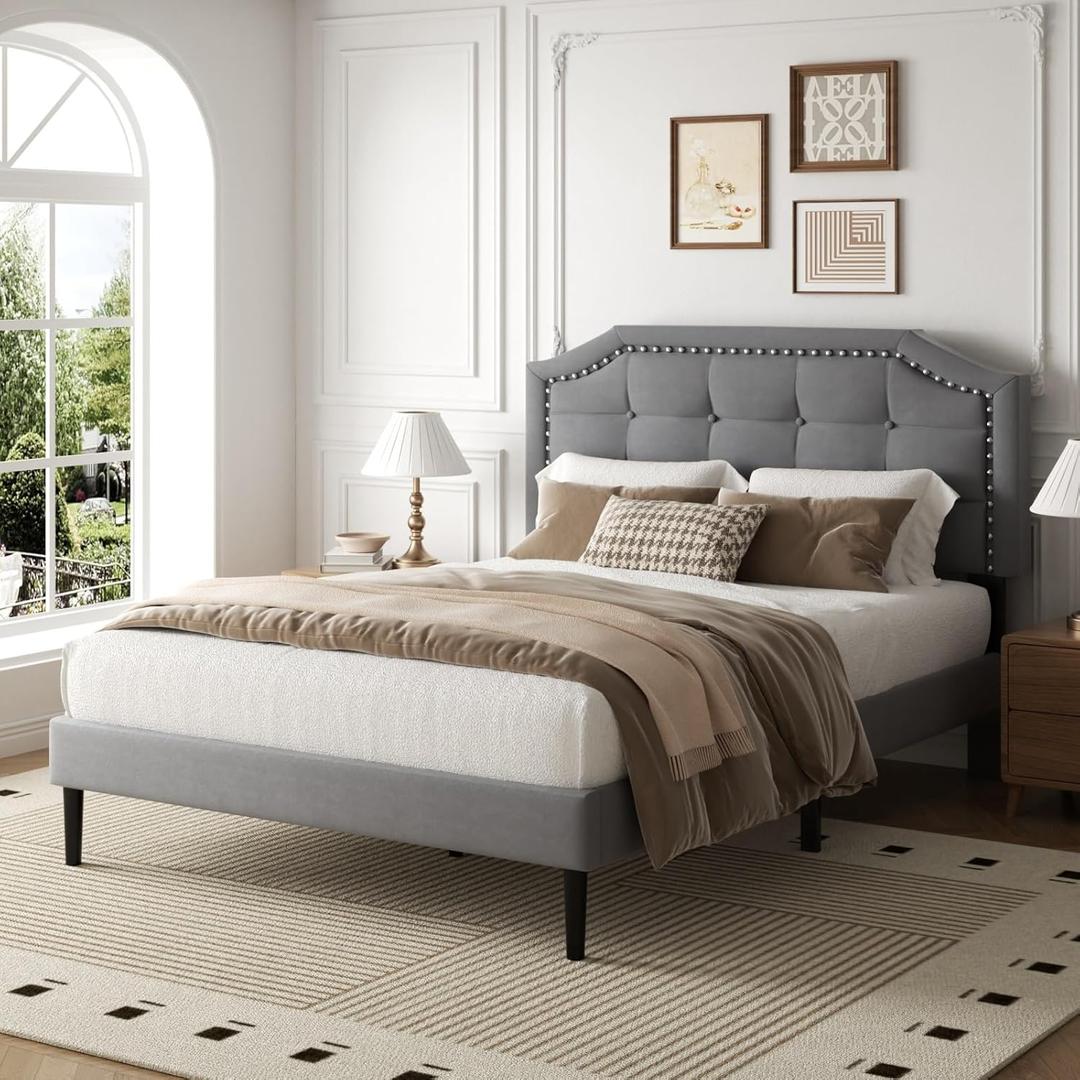 HAOARA Full Size Bed Frame, Full Size Platform Bed Frame with Upholstered Button Tufted Headboard, Strong Wood Slats, No Box Spring Needed, Mattress Foundation, Easy Assembly Grey