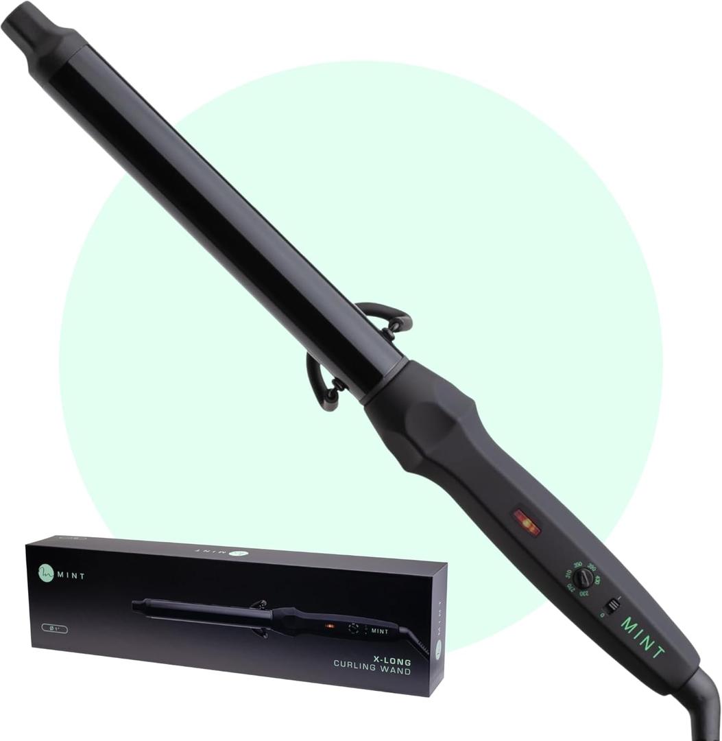 MINT Professional Clamp-Free Curling Wand 1 Inch for Long Hair | Extra Long Curl Wand w 4-Heater Ionic Ceramic Tourmaline Barrel | Best Curling Wands | Adjustable 230-430°F | Worldwide Dual Voltage