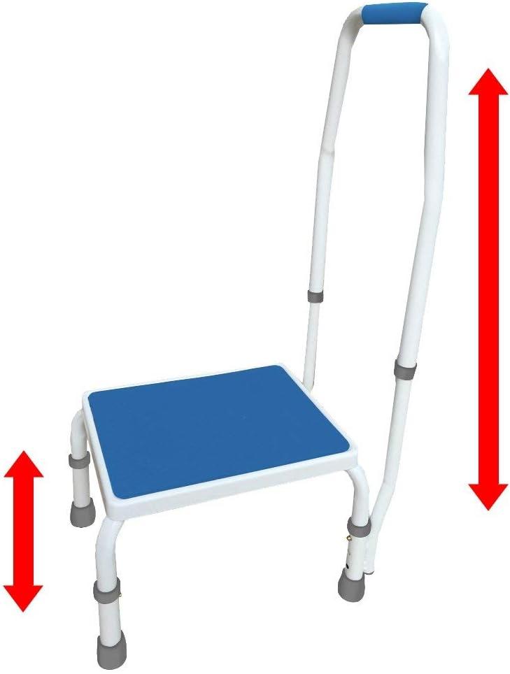Platinum Health AdjustaStep(tm) Deluxe Step Stool/Footstool with Handle/Handrail, Height Adjustable. 2 Products in 1. Modern White/Blue Design. Padded Non-Slip Handle. 300 lb. Capacity