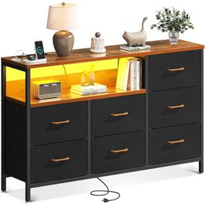 AODK Dresser with LED Lights and Charging Station, 52-Inch Long Dresser for Bedoom with 7 Large Storage Drawers, Fabric Dresser TV Stand with Open Shelves, Vintage (Vintage and Black)