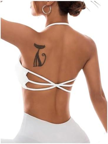 OYOANGLE Women's Criss Cross Backless Halter Sports Bra Padded Workout Yoga Bras Athletic Cami Cop Top, Small