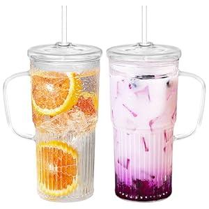 QWEZXO Handmade Glass Cup with Lids and Straws 20 oz Tumbler with Handle Ice Coffee Cup 2 Pack for Cold/ Hot Drinks